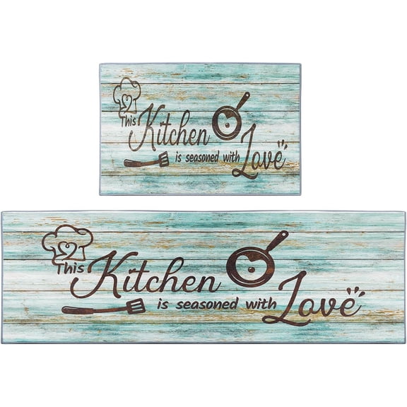 Teal Kitchen Rugs and Mats Non Skid Washable Set of 2, Turquoise Wooden Runner Rug, Farmhouse Quotes Home Kitchen Floor Mat Under Sink Mat Throw Rug