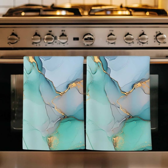 Teal Kitchen Towels Set of 4, Modern Marble Ink Painting Abstract Art Absorbent Dish Towels for Kitchen, Microfiber Hand Towel, Quick Drying Tea Towel for Cleaning Decorative Dishcloths