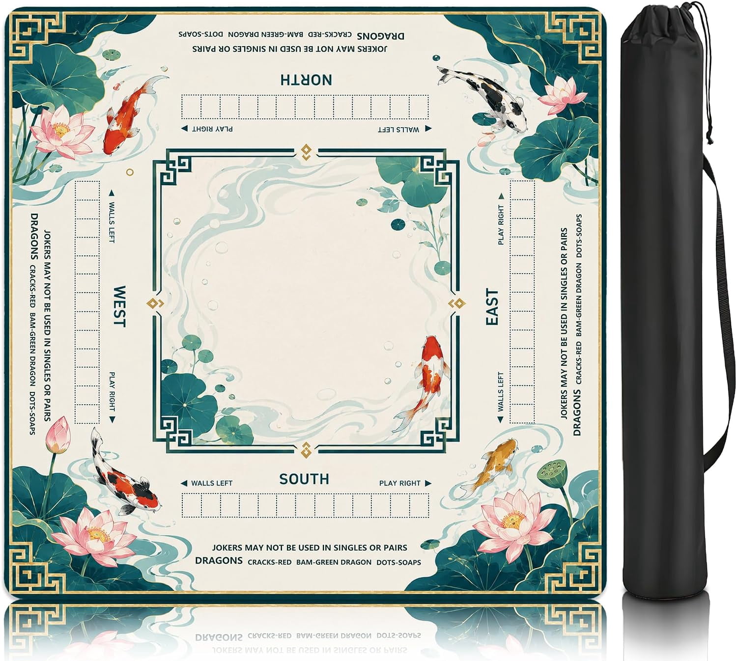 Teal Koi Lotus Chinoiserie Mahjong Mat with Carrying Bag, Anti Slip ...