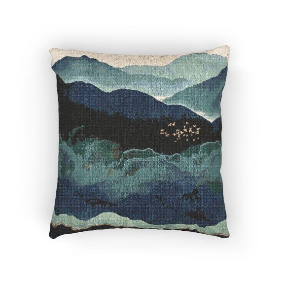Teal Layered Mountain Landscape Woven Pillow with Misty Clouds, Flying Birds and Gold-Toned Accents