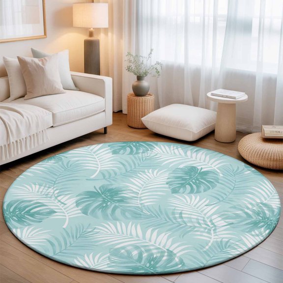 Teal Leaf 7' Round Rug for Living Room Conversation Area, Modern Teal Palm Leaf Monstera Washable Non Slip Large Circle Area Rug