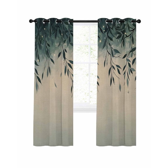 Teal Leaf Blackout Curtains 63 Inch Length Watercolor Green Leaves Plant Vintage Linen Texture Thermal Insulated Window Curtain Window Drapes 2 Panels for Bedroom Living Room 52"Wx63"L