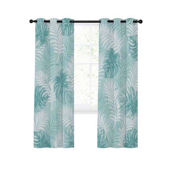 Teal Leaf Blackout Curtains for Bedroom Living Room, Modern Teal Palm Leaf Monstera 39 In Long Thermal Insulated Room Darkening Drapes Grommet Window Treatments, 27.5 x 39 In