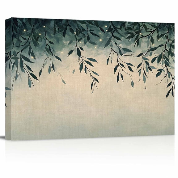 Teal Leaf Canvas Print Wall Art Watercolor Green Leaves Plant Vintage Linen Texture Pictures Painting Morden Artwork for Living Room Bedroom, Ready to Hang - 12"x16"