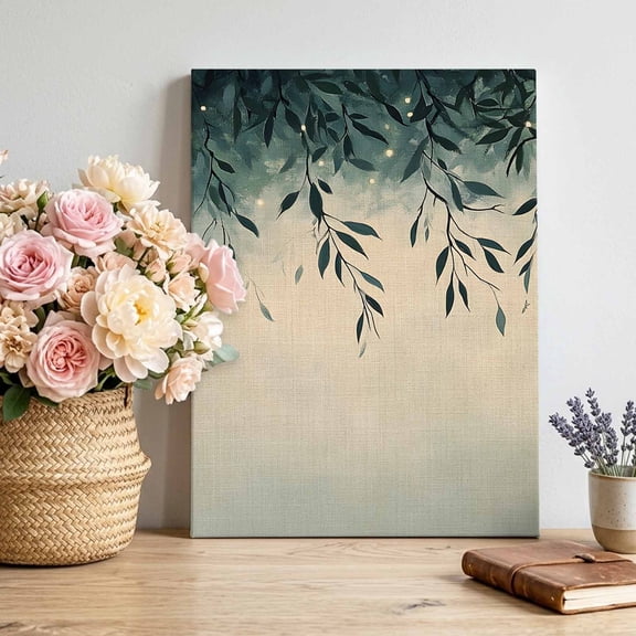 Teal Leaf Canvas Wall Art for Living Room, Watercolor Green Leaves Plant Vintage Linen Texture Wall Decor Framed Artwork Pictures Ready to Hang for Bedroom Office Home Decor 11x14 Inch