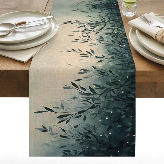 Teal Leaf Cotton Linen Table Runner Watercolor Green Leaves Plant Vintage Linen Texture Dining Table Runners for Home Decor Party Dining Room Restaurant Kitchen 13" x 60"