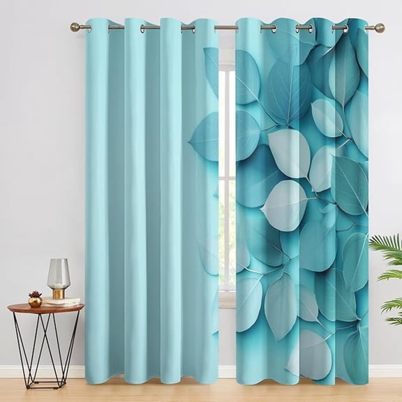 Teal Leaf Curtains for Bedroom, Aqua Turquoise Curtain for Living Room, Plant Leaves Window Curtains, Grommet Drapes 26"W x 63"L (Pack of 2)
