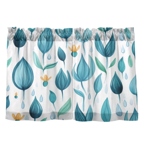 Teal Leaf Design 27"x36" Linen Look Cafe Curtain Set with Privacy and UV Protection