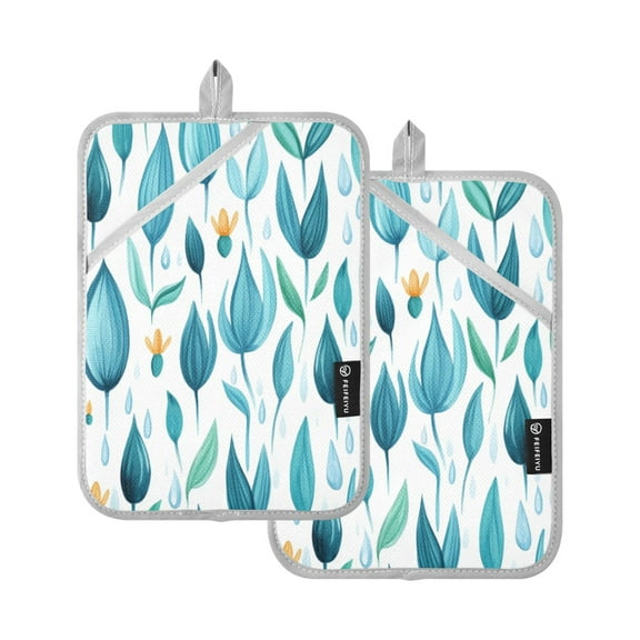 Teal Leaf Design 7x9.8in Pot Holder Set Heat-Resistant Oven Hot Pads Durable with Storage Loop