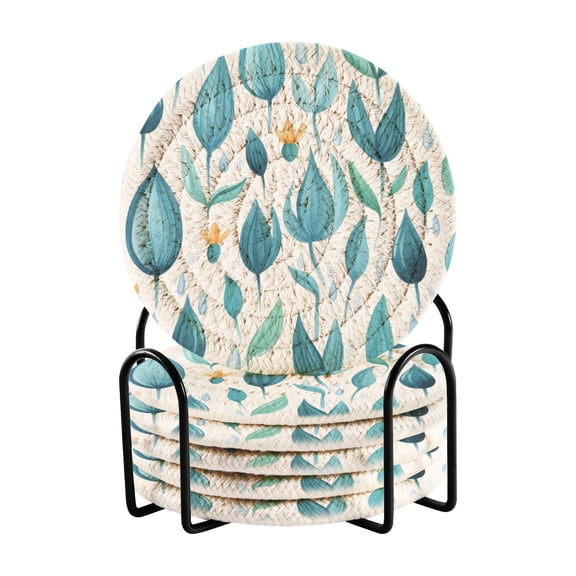 Teal Leaf Design Bar Coasters 6 Pack Braided Coasters with Holder Absorbent Heat Resistant
