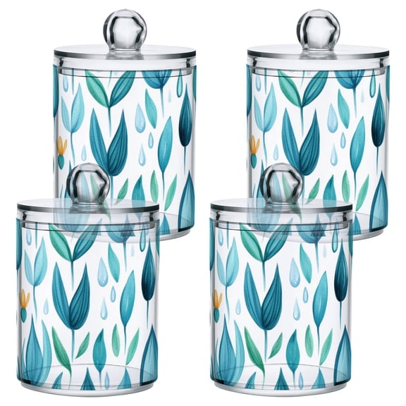 Teal Leaf Design Bathroom Canisters Set of 4 Translucent Plastic Storage for Cotton Pads and Floss