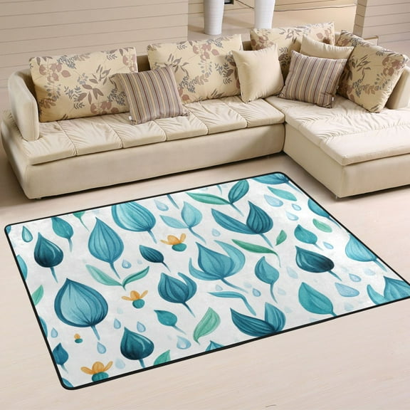 Teal Leaf Design Soft Polyester Area Rug 36''x24'', Non Slip, Memory Foam, Water Absorbent