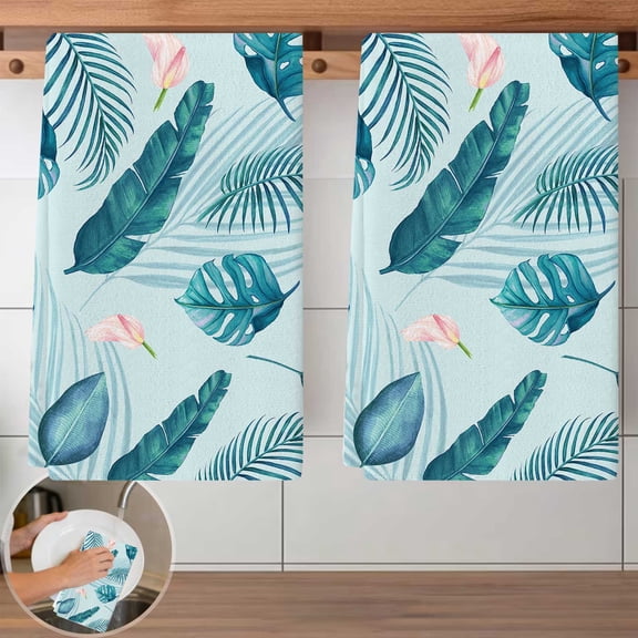 Teal Leaf Pattern Dish Cloth Set - 2 PCS Reusable Cleaning Cloths, 40x60cm, Absorbent & Durable Kitchen Towels for Washing Dishes, Wiping Surfaces, Household Cleaning