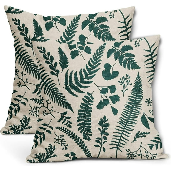 Teal Leaf Plant Pillow Covers 20X20 Inch Set of 2 Tropical Fern Herbs Botanical Leaves Floral Decorative Pillow Cases Vintage Cushion Case Farmhouse Home Decor for Couch Sofa Porch Outdoor