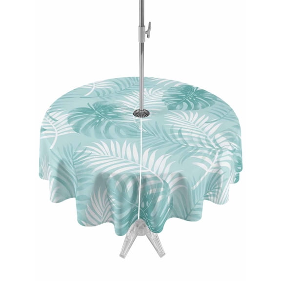 Teal Leaf Round Outdoor Tablecloth with Umbrella Hole Modern Teal Palm Leaf Monstera 54 Inch Round Waterproof Table Cover Zippered Table Cloth for Garden Patio