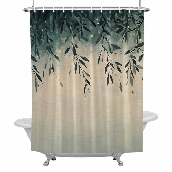 Teal Leaf Shower Curtain for Bathroom, Watercolor Green Leaves Plant Vintage Linen Texture Waterproof Cloth Fabric Bathroom Accessories Set with 12 Rust Proof Plastic Hooks, 66"x72"