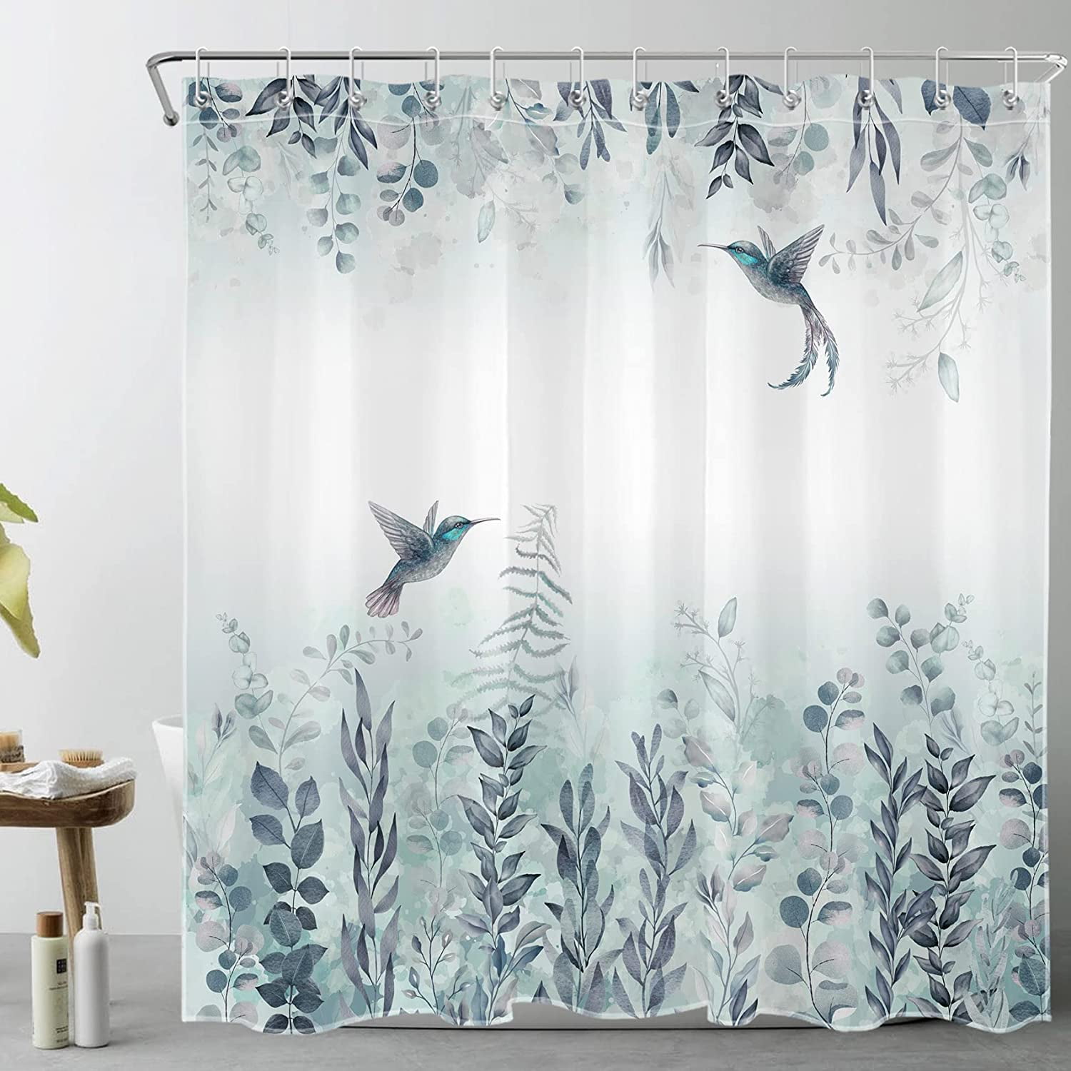 Teal Leaf Shower Curtain Eucalyptus Hummingbird Bird Shower Curtains White Green Leaves Botanical Plant Floral Cottagecore Aesthetic Bathroom Curtain 12 Hooks Durable Fabric 72X72Inches