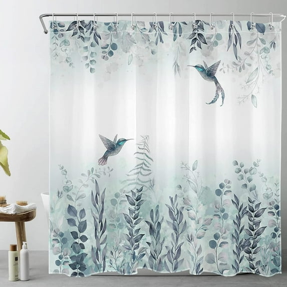 Teal Leaf Shower Curtain Eucalyptus Hummingbird Bird Shower Curtains White Green Leaves Botanical Plant Floral Cottagecore Aesthetic Bathroom Curtain 12 Hooks Durable Fabric 72X72Inches