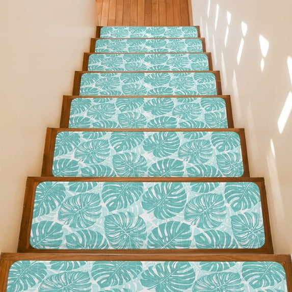 Teal Leaf Stair Treads Non Slip for Steps Tropical Country Watercolor Jungle Botanical Leaves 7 Pcs Reusable Adhesive Stair Runner Mats for Dogs Elders Carpet Treads Rugs for Staircase 8x30 In