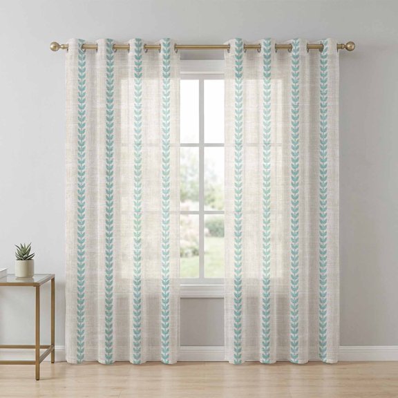 Teal Leaf Stripe Sheer Curtains 63 Inch Long 2 Panels, Country Vintage Beige Minimalist Vertical Leaves Light Filtering Semi Sheer Drapes Grommet Voile Window Curtain for Living Bedroom W52 x L63