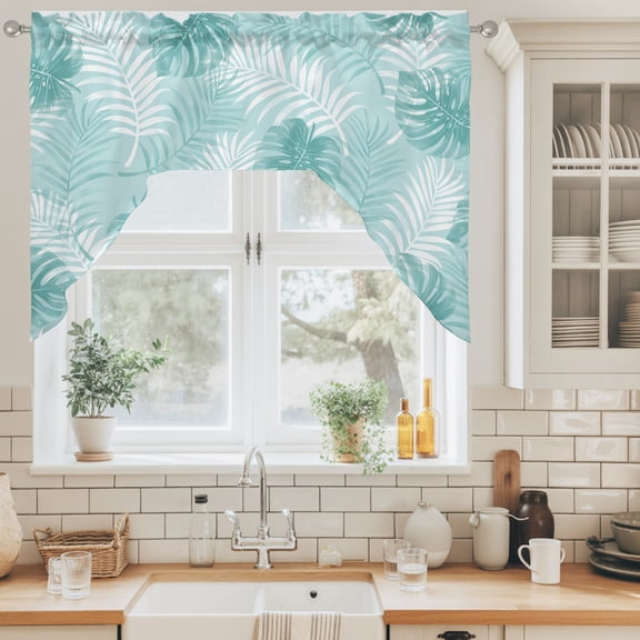 Teal Leaf Swag Valance for Windows, Modern Teal Palm Leaf Monstera Swag Curtains Valances for Small Window Treatment Rod Pocket for Kitchen Bathroom 1 Panel 56x36in