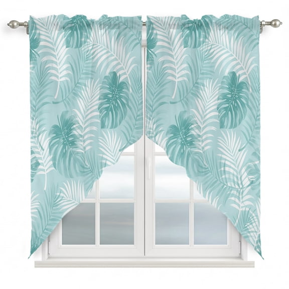 Teal Leaf Swag Valances for Windows 2 Pack Modern Teal Palm Leaf Monstera Swag Kitchen Curtains 36 Inches Long Rod Pocket Short Window Treatment for Kitchen Bathroom 36"x36"