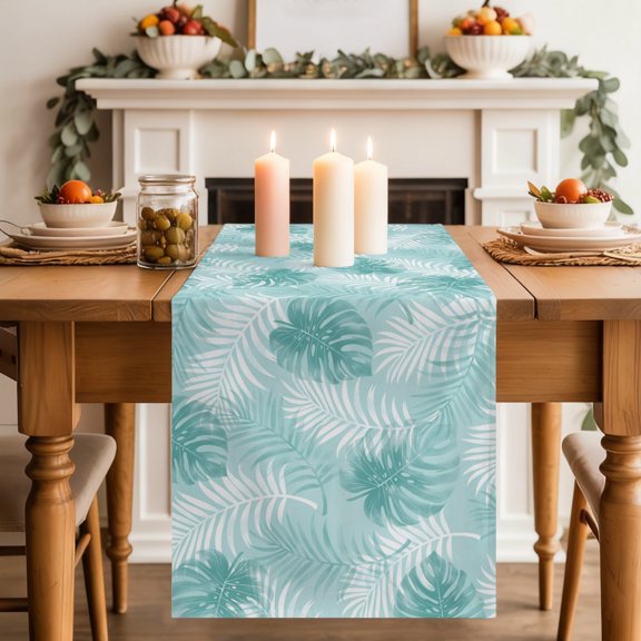 Teal Leaf Table Runner 13x48 Inch Modern Teal Palm Leaf Monstera Cotton Linen Dining Table Runner Ideal for Dresser Kitchen Coffee Tables - Machine Washable