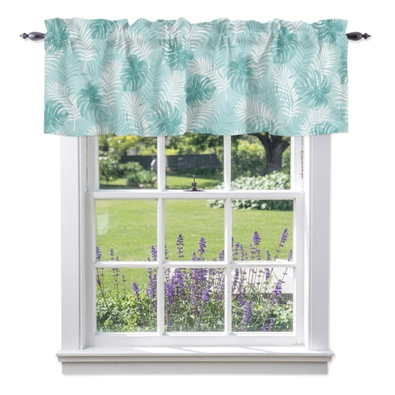 Teal Leaf Valances for Windows Modern Teal Palm Leaf Monstera Rod Pocket Light Filtering Short Window Treatments Curtains for Kitchen Bathroom Living Room Bedroom, 1 Panel, 56 x 16 Inch