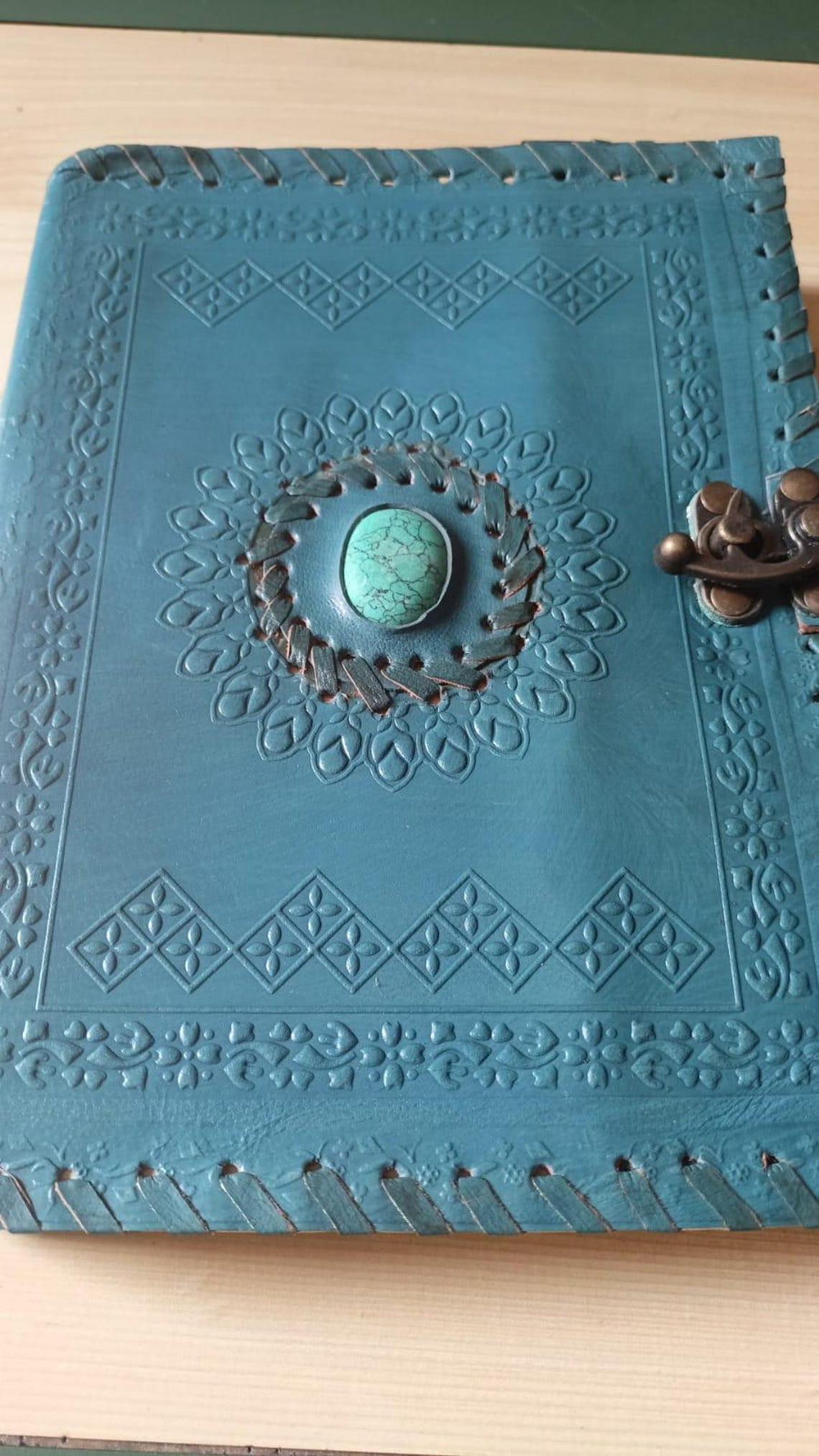 Teal Leather Journal with Hand-Stitched Edging – Center Stone Inlay, C-Hook Clasp, 8x6 Inch 240 Pages Ideal for Writing, Sketching, Travel