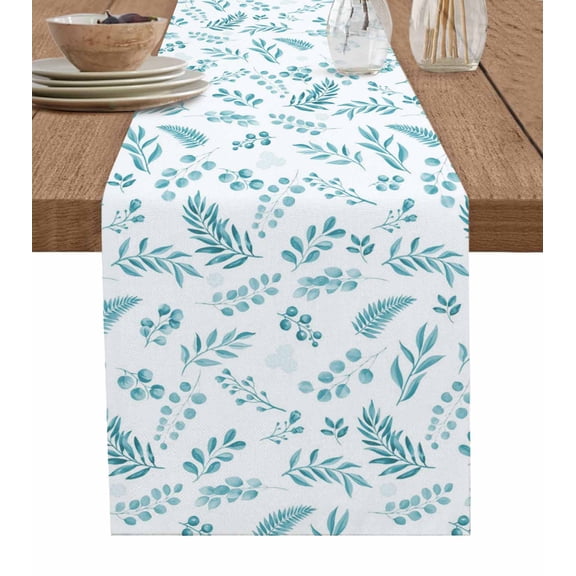Teal Leaves Burlap Cotton Table Runner 16x72 Inches Long, Summer Plants Flowers Vintage Pastoral Farmhouse Table Runners, Outdoor Dining Tablecloths Decor for Baby Shower/Party/Wedding