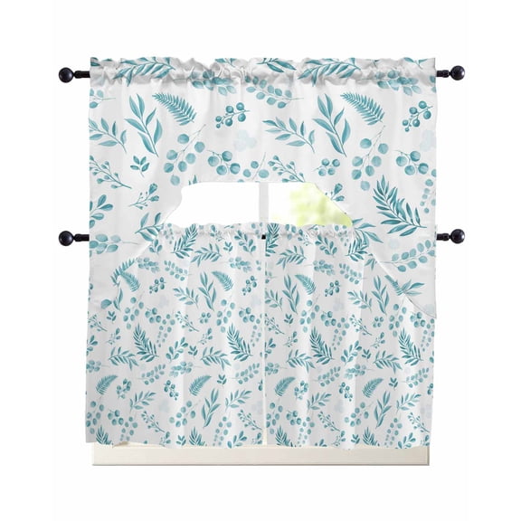 Teal Leaves Kitchen Curtains Sets 36 Inch Length with Valance, Summer Plants Flowers Vintage Pastoral Swag Valances and Tiers Curtain Set Drapes Swag Curtains for Living Room, Bathroom, Bedroom, Cafe