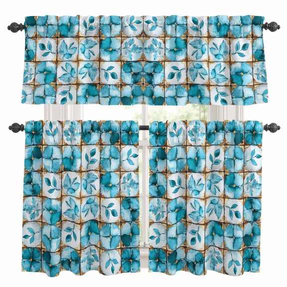 Teal Leaves Kitchen Curtains Valances and Tiers Set of 3 Crystal Tier Curtains and Valance with Rod Pocket for Small Windows, 27.5"x24"