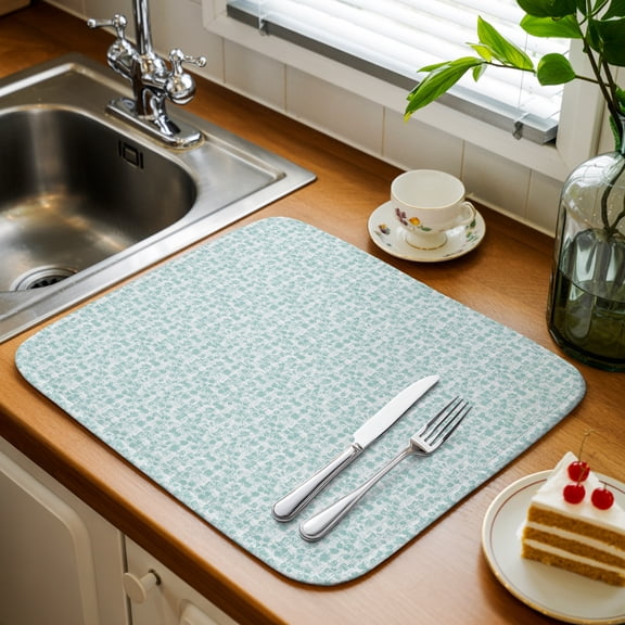 Teal Leaves Kitchen Drying Mat 1 Pack, Country Rustic Pastoral Botanical Aqua Leaves Absorbent Dish Drying Mat Drying Pad Drainer for Kitchen Counter Sink 16 X 18 Inch, Machine Washable