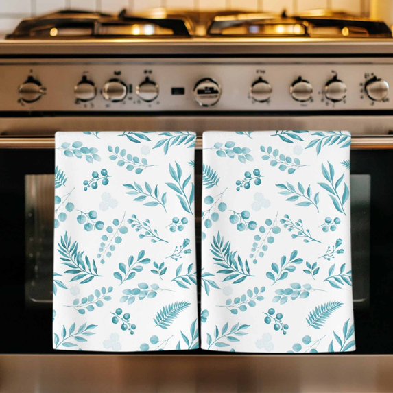 Teal Leaves Kitchen Towels Set of 1, Summer Plants Flowers Vintage Pastoral Absorbent Dish Towels for Kitchen, Microfiber Hand Towel, Quick Drying Tea Towel for Cleaning Decorative Dishcloths