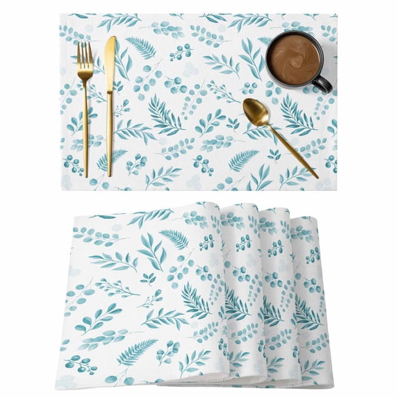 Teal Leaves Placemats Set of 6, Summer Plants Flowers Vintage Pastoral Placemats for Dining Table, Place Mats for Kitchen Tabletop, Waterproof Wipeable Dining Table Mats Set