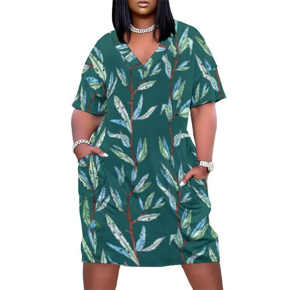 Teal Leaves Red Stems Pattern Repeat Women's Summer Short Sleeve Casual Dresses Party Dress