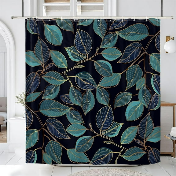 Teal Leaves Shower Curtain, Chic Plant Leaf Printed Black Bathroom Shower Curtains, Pretty Bathtub Decor Waterproof Modern Botanical Natural Shower Curtain Set with 12 Hooks for Bathroom, 72Wx72L inch