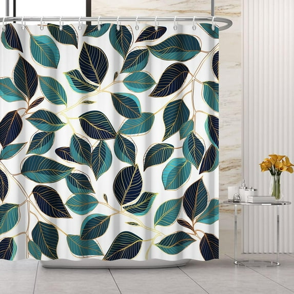 Teal Leaves Shower Curtain, Chic Plant Leaf Printed White Bathroom Shower Curtain, Pretty Bathtub Decor Waterproof Modern Botanical Natural Shower Curtain Set with 12 Hooks for Bathroom, 36Wx72L inch