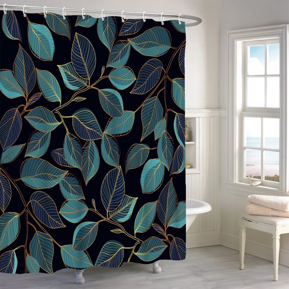 Teal Leaves Shower Curtain, Plant Tree Black Bathroom Curtain, Modern Botanical Natural