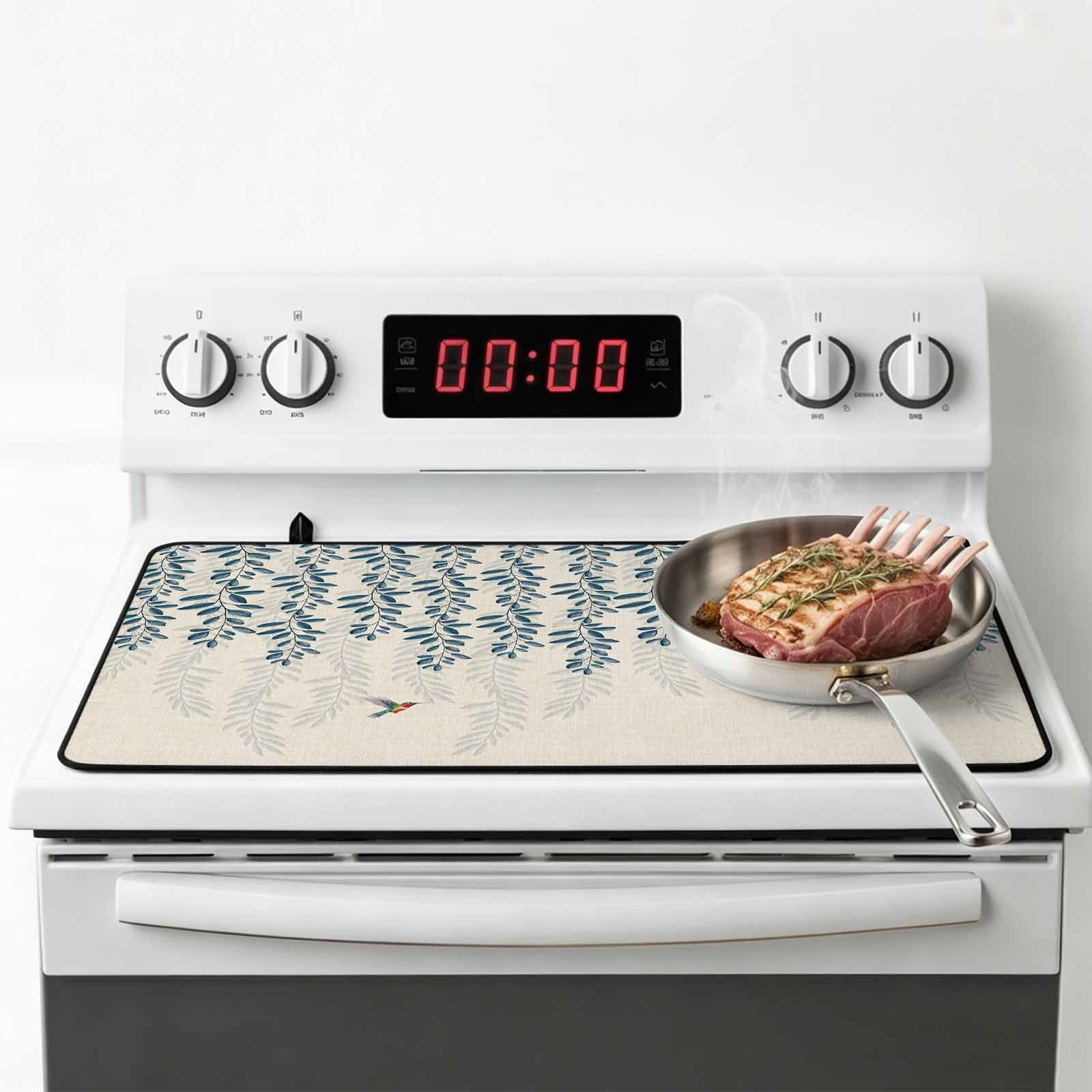 Teal Leaves, Stove Top Cover for Electric Stove, Heat-proof & Non Slip Glass Top Stove Cover Protector, Farmhouse Country Botanical Animal Bird Kitchen Flat Cooktop Rubber Mat 31x24 Inches