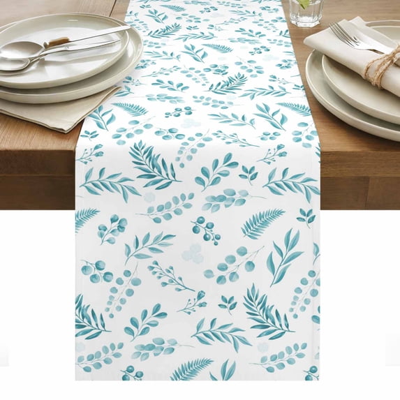 Teal Leaves Table Runner - 120 Inch Long, Kitchen Dining Table Runner Dresser Scarves, Summer Plants Flowers Vintage Pastoral Farmhouse Decor for Coffee Tables Wedding Party Banquet