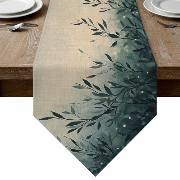 Teal Leaves Table Runner Linen Burlap Table Runner 60 Inches Long Spring Botanical Vines Vintage Country Dresser Scarves for Kitchen Island Coffee Dining Party Wedding Banquet Holiday Decor 13"x60"