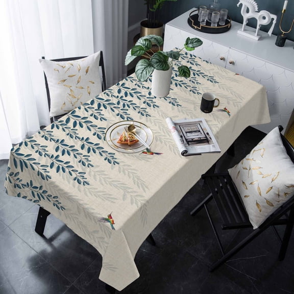 Teal Leaves, Tablecloth Rectangle Table Cloths 54x108 , Waterproof Tablecloth Outdoor Table Cloth, Farmhouse Country Botanical Animal Bird Washable Table Cover for Kitchen Dining Party