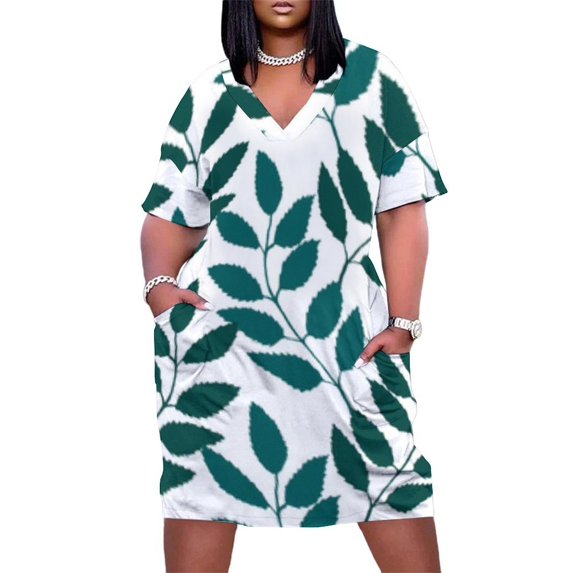 Teal Leaves White Background Pattern Women's Summer Short Sleeve Casual Dresses Party Dress