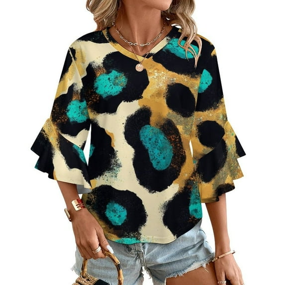 Teal Leopard Print Abstract Pattern Women's V-Neck Blouse With 3/4 Ruffled Bell Sleeves Casual Top Ladies Blouses