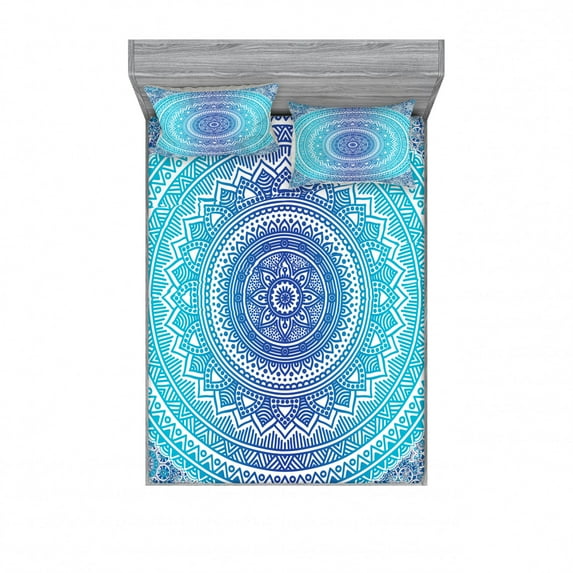 Teal and Lime Bedding Set with Sheet & Covers, Ombre Mandala Pattern with Flower and Petals Hippie Style Art, Printed Bedroom Decor 2 Shams, 4 Sizes, Teal Lime and White, by Ambesonne
