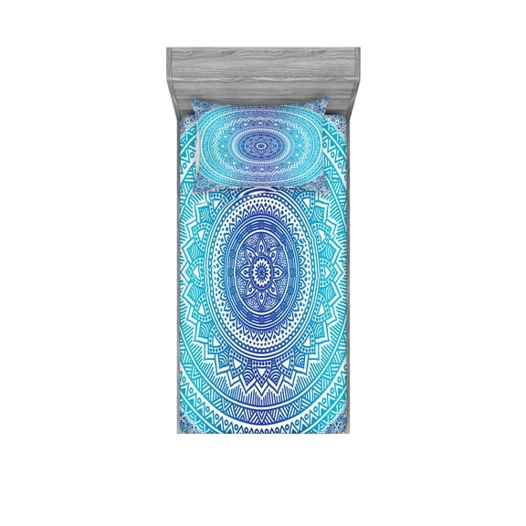 Teal and Lime Bedding Set with Sheet & Covers, Ombre Mandala Pattern with Flower and Petals Hippie Style Art, Printed Bedroom Decor 2 Shams, 4 Sizes, Teal Lime and White, by Ambesonne