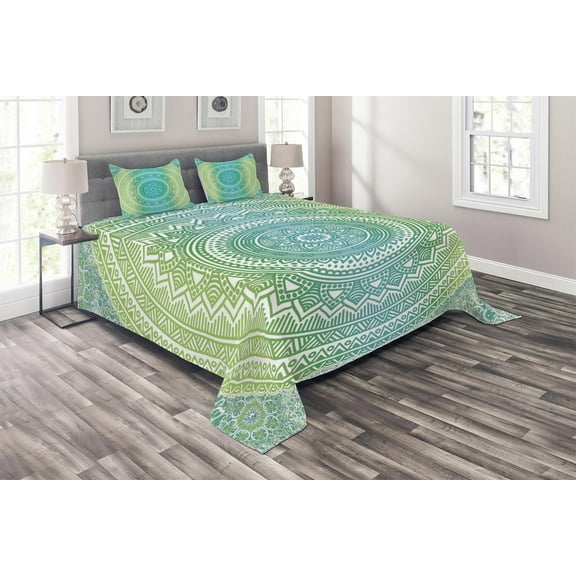 Teal and Lime Coverlet Set Queen Size, Ombre Mandala Ethnic Pattern with Flower and Petals Hippie Style Art, Quilted 3 Piece Decor Bedspread Set with 2 Pillow Shams, Teal Lime and White, by Ambesonne