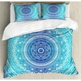 thumbnail image 1 of Teal and Lime Duvet Cover Set, Ombre Mandala Pattern with Flower and Petals Hippie Style Art, Decorative 3 Piece Bedding Set with 2 Pillow Shams, Queen Size, Teal Lime and White, by Ambesonne, 1 of 3