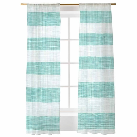 Teal Linen Stripes Sheer Curtains 84 inches Long, Vintage Country Farmhouse Light Filtering Sheer Window Curtains Rod Pocket Voile Drapes for Bedroom Living Room, 52"W x 84"L 2 Panels